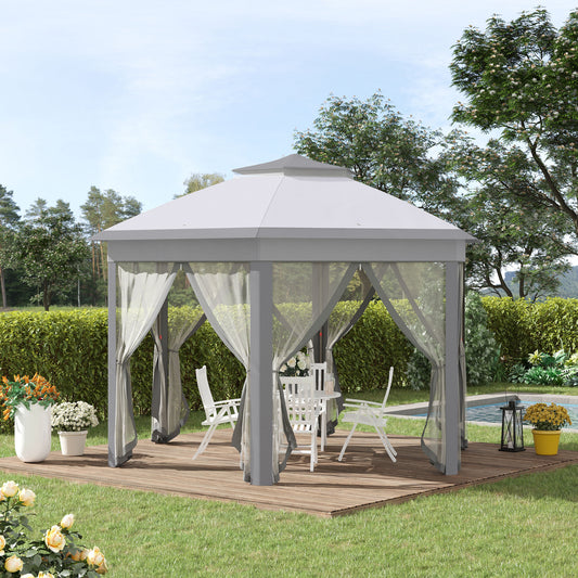 OOutsunny 13' x 13' Pop Up Double Roof Hexagon Patio Gazebo Outdoor Instant Shelter Garden Shelter with Netting, Grey | Aosom Canada