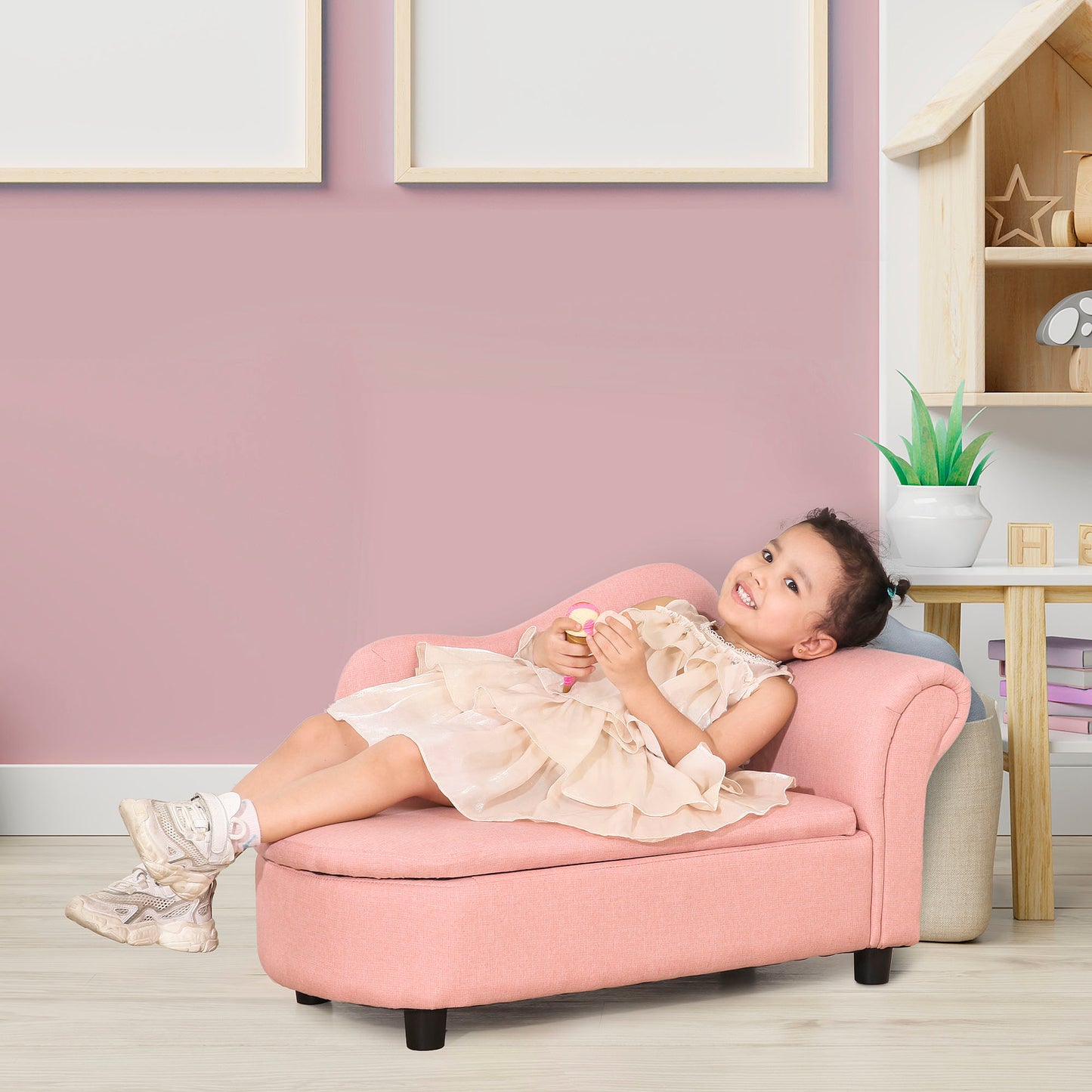 Qaba Kids Sofa, Toddler Couch with Storage Compartment, Children Chaise Lounge, Armrest Chair for Preschool, Eucalyptus Wood, Pink | Aosom Canada