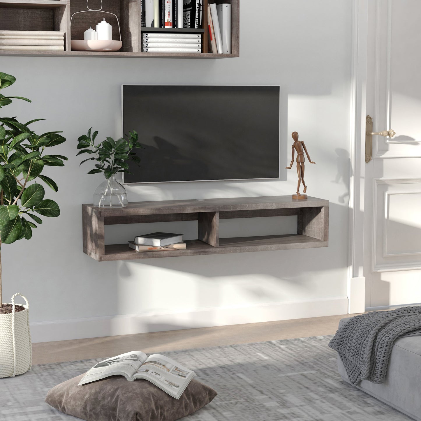 HOMCOM Wall Mounted Media Console  Floating TV Stand Component Shelf  Entertainment Center Unit  Dark Grey Wood Grain | Aosom Canada