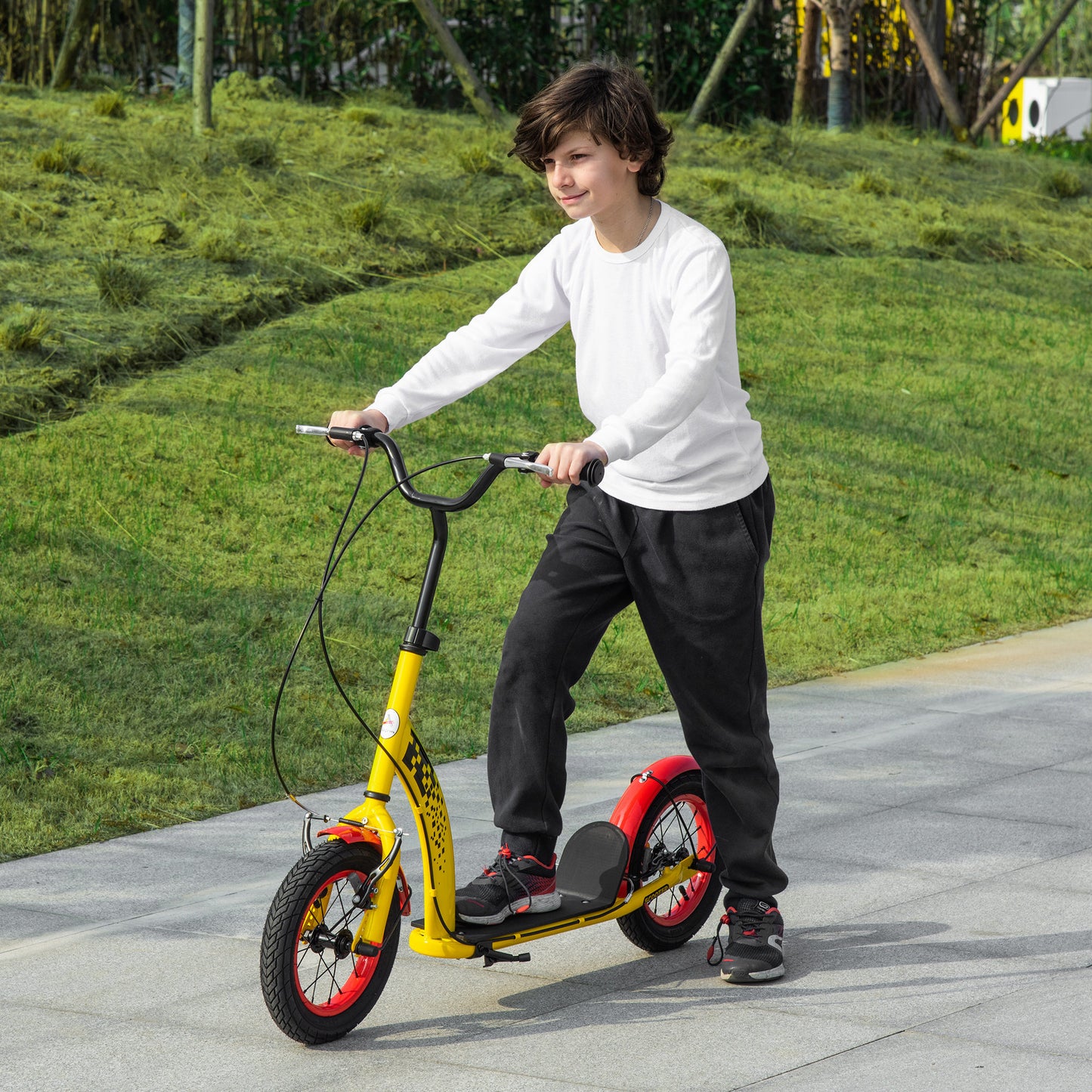 Aosom Kids Kick Scooter Adjustable Height, Front Rear Dual Brakes, 12-Inch Inflatable Rubber Wheels, for 5+ Years, Yellow | Aosom Canada
