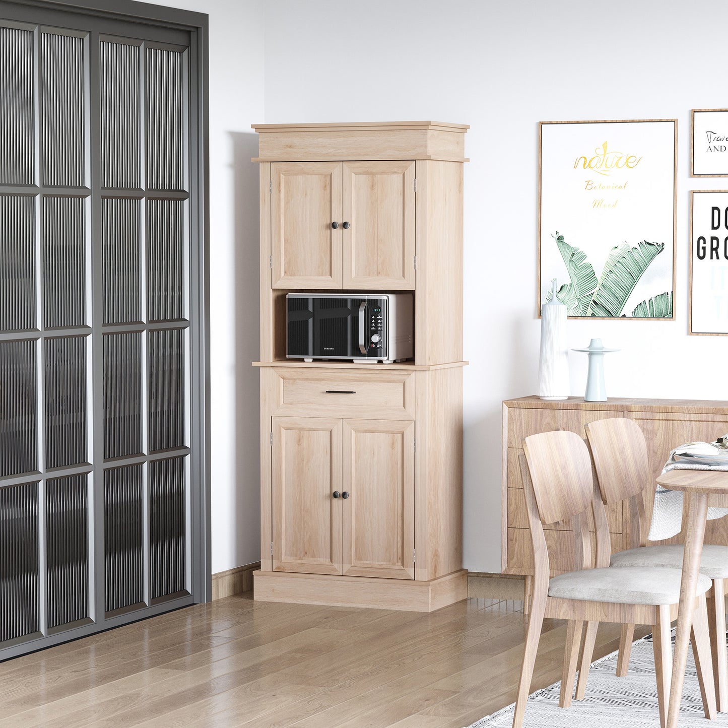 HOMCOM 72"H Modern Freestanding Kitchen Pantry Cabinet Cupboard with Doors Open Shelves Adjustable Shelving Microwave Space, Oak | Aosom Canada