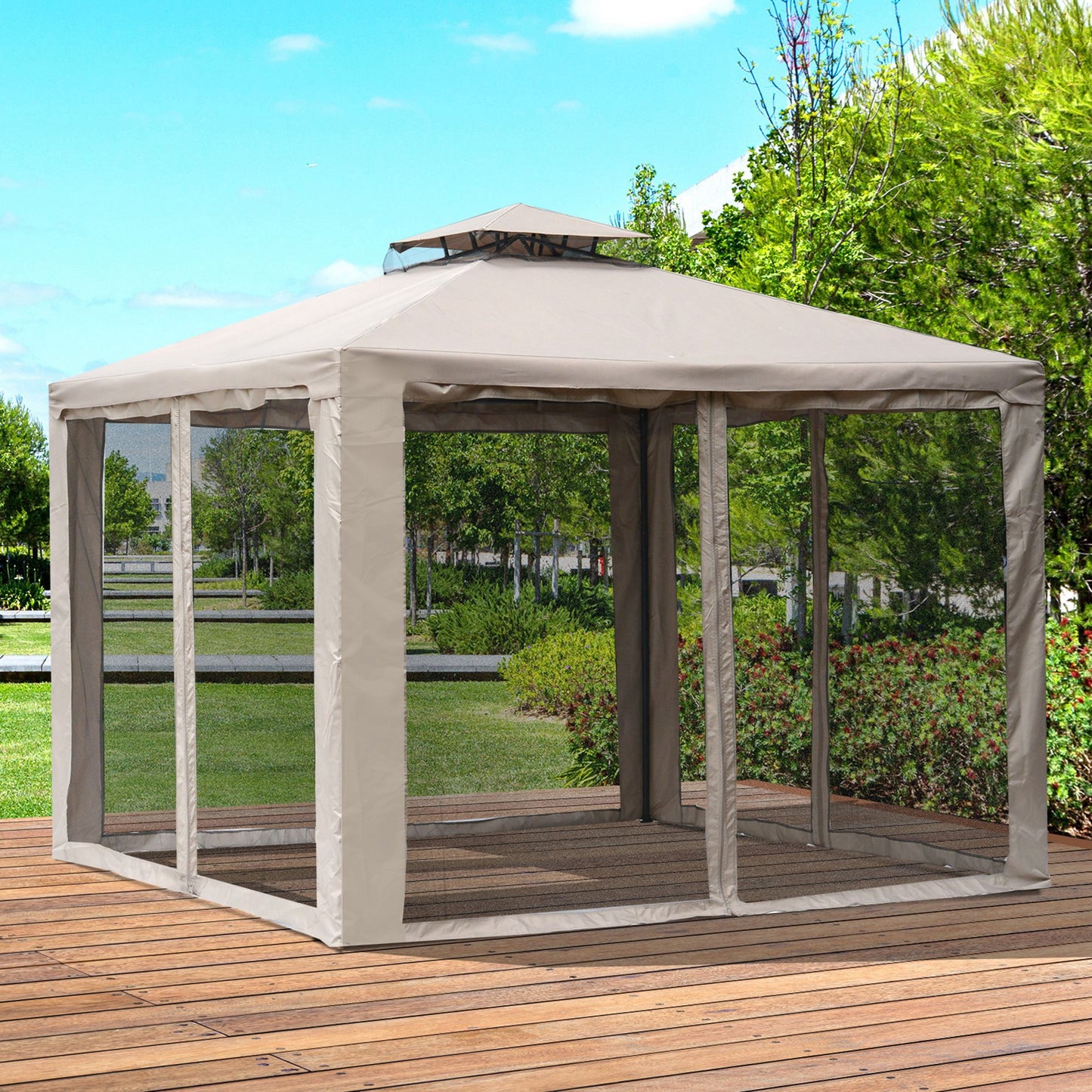 Outsunny 10x10ft Patio Gazebo Outdoor Pavilion 2 Tire Roof Canopy Shelter Garden Event Party Tent Yard Sun Shade Steel Frame w/ Mosquito Netting | Aosom Canada