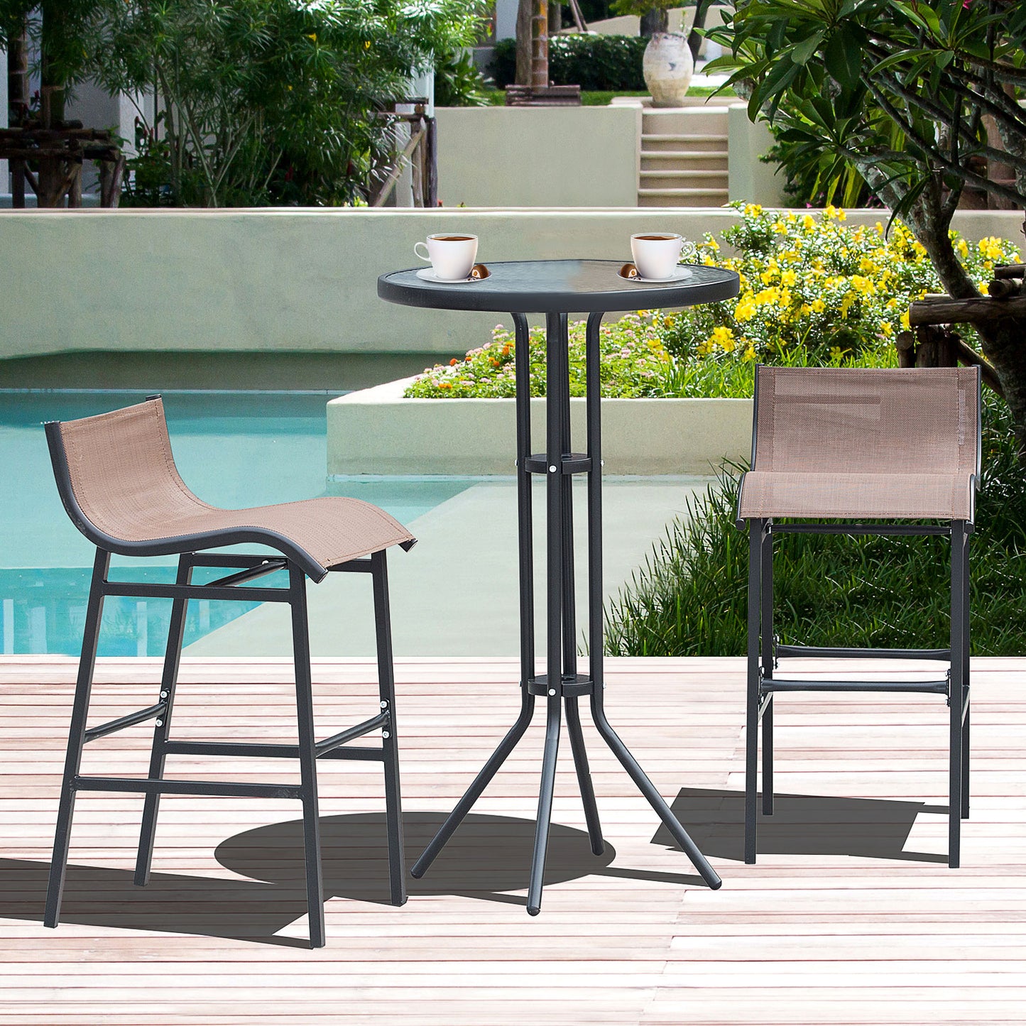 Outsunny 3pcs Outdoor Patio Pub Set Garden High Bistro Set 1 Table & 2 Bar Stool Dining Chat Set Brown | Aosom Canada