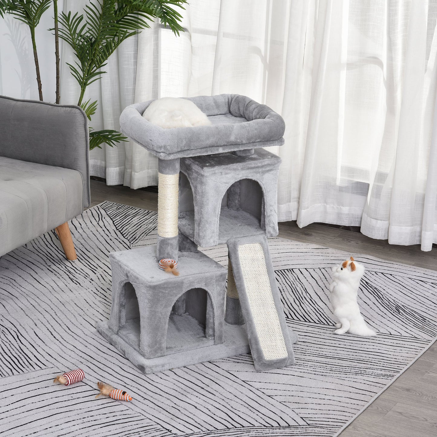 PawHut Plush Cat Tree Tower Activity Center w/ Sisal Scratching Post Scratching Board Perch Condo Light Grey | Aosom Canada