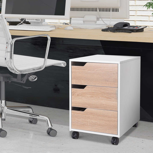 HOMCOM MDF Mobile File Cabinet pedestal with 3 Drawers Lockable Casters for Home Office Oak and White | Aosom Canada