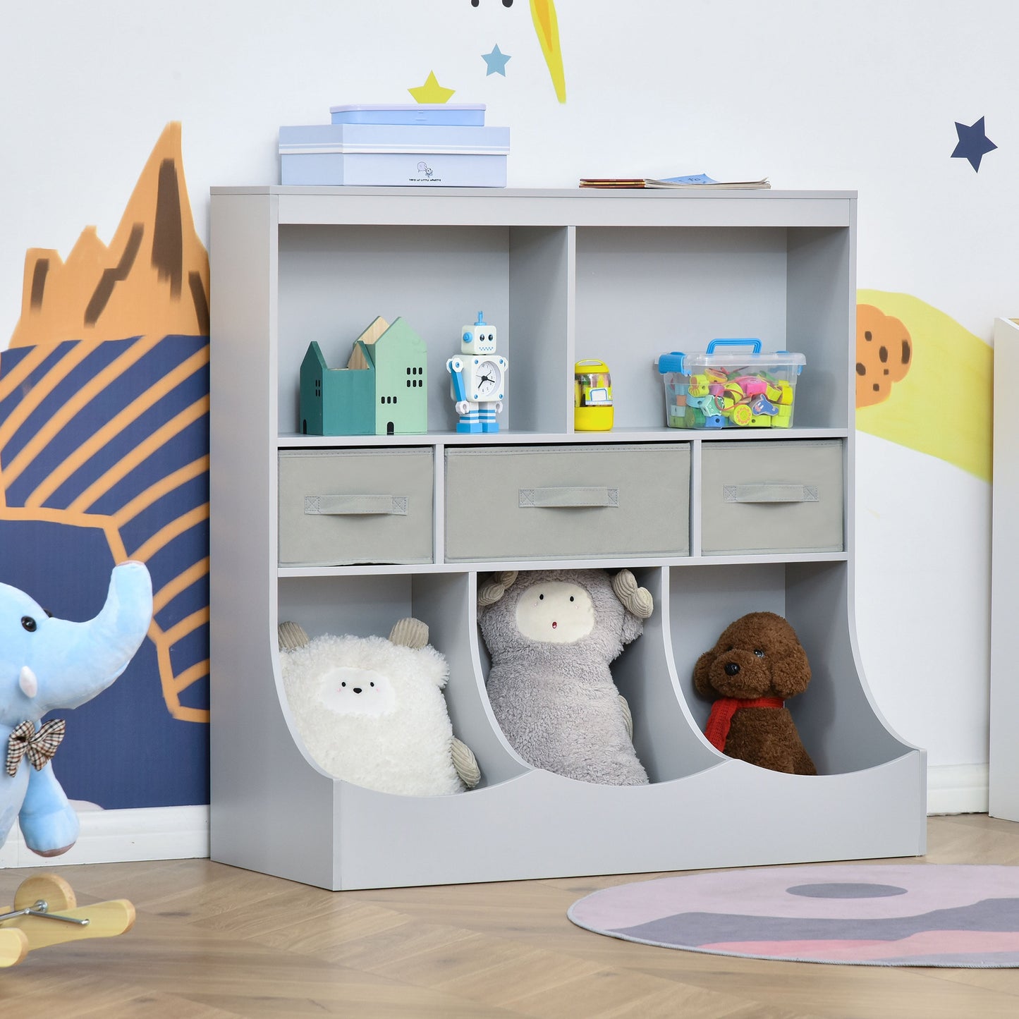 HOMCOM Toy Chest Kids Cabinet Freestanding Storage Organizer Children Bookcase Display Shelf Wardrobe with Drawers, Grey | Aosom Canada