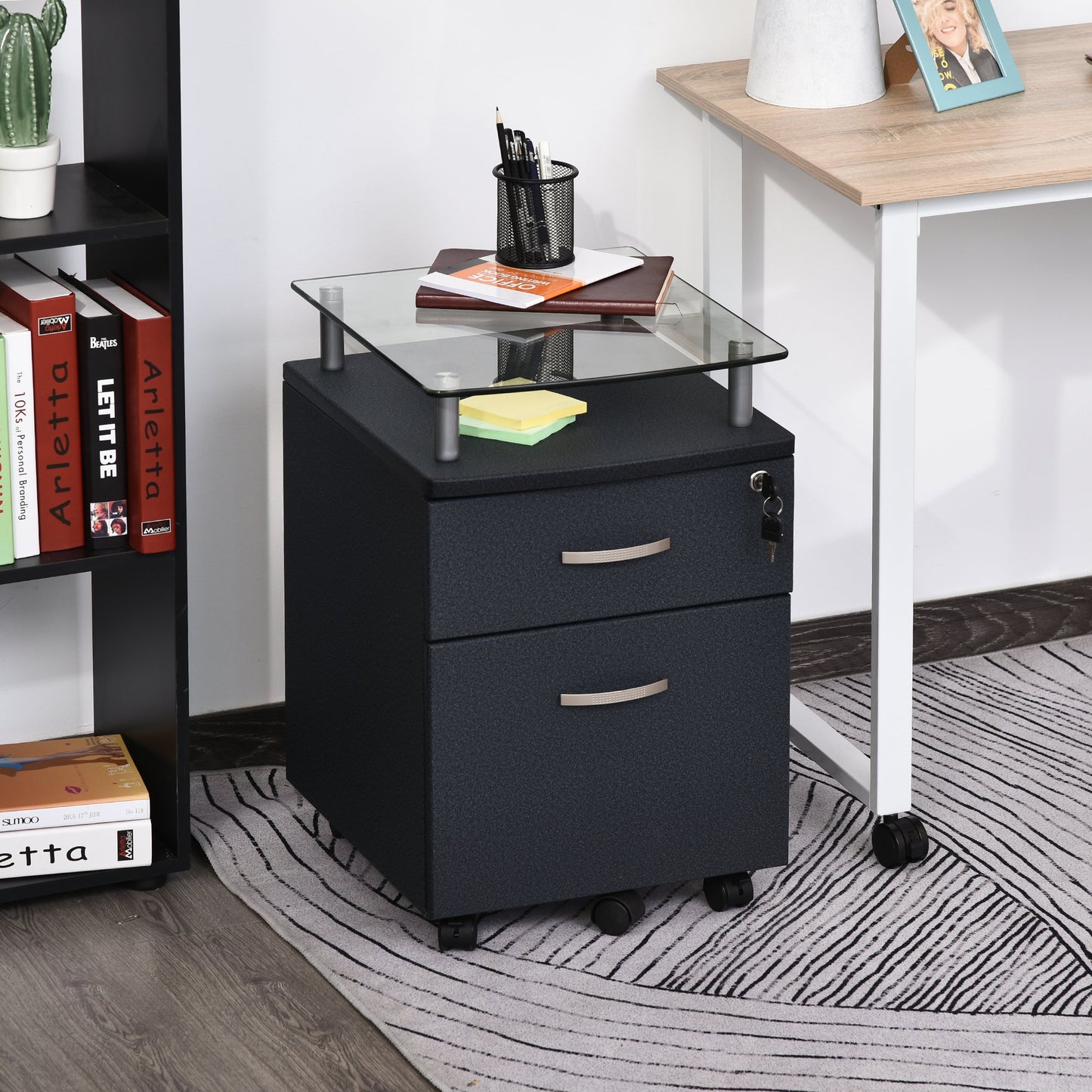 HOMCOM 2 Drawer File Cabinet Desk Lockable Movable w/ 1 Extra Caster Underdesk Fits A4 Letter Size Folder for Home Office Black | Aosom Canada