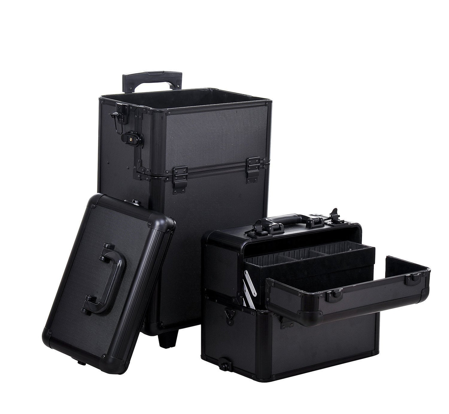 HOMCOM Pro 3 in 1 Portable Aluminum Makeup Train Cases Rolling Cosmetic Organizer Box Black | Aosom Canada