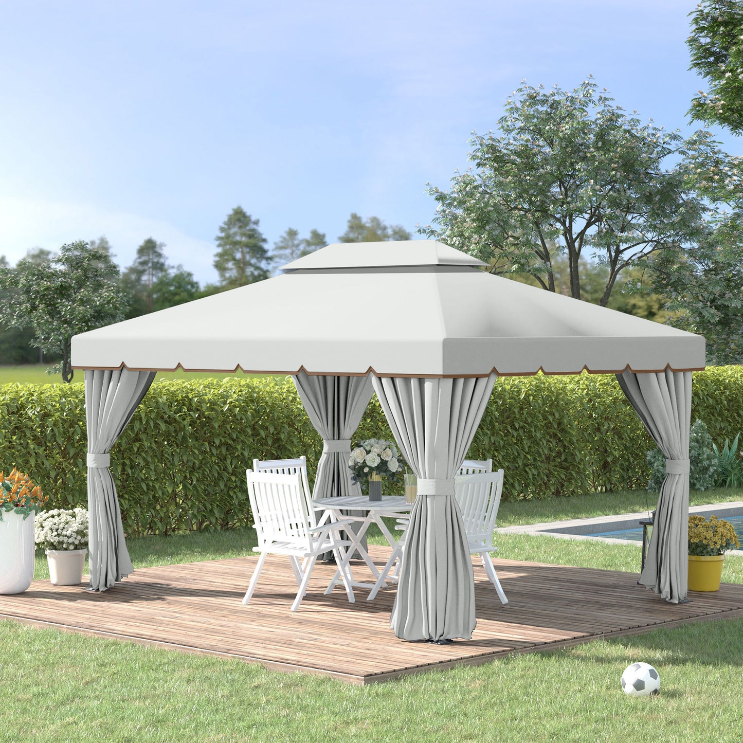 Outsunny 13' x 10' Outdoor Patio Gazebo Canopy with 2-Tier Polyester Roof, Vented Mesh Sidewall & Strong Aluminum Frame, White | Aosom Canada