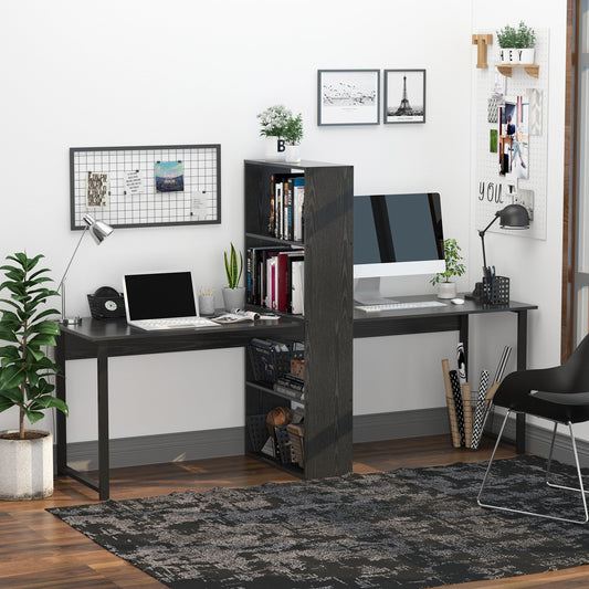 HOMCOM 88” Extra Long 2-Person Computer Desk w/ Bookshelf Combo Double Workstation Storage Unit Home Office Black | Aosom Canada