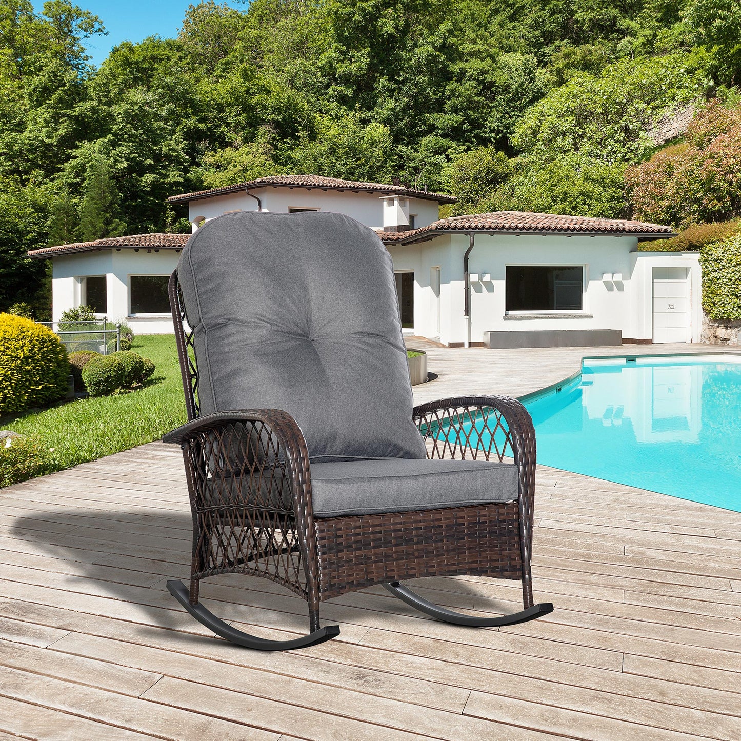 Outsunny Outdoor PE Rattan Rocking Chair, Patio Wicker Recliner Rocker Chair with Soft Cushion, for Garden Backyard Porch, Grey | Aosom Canada