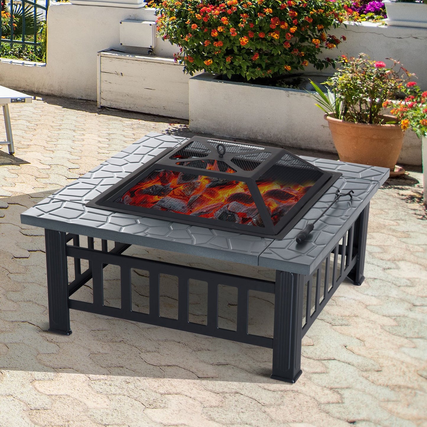 Outsunny 32" Outdoor Square Firepit Portable Backyard w/ Rain Cover Black | Aosom Canada