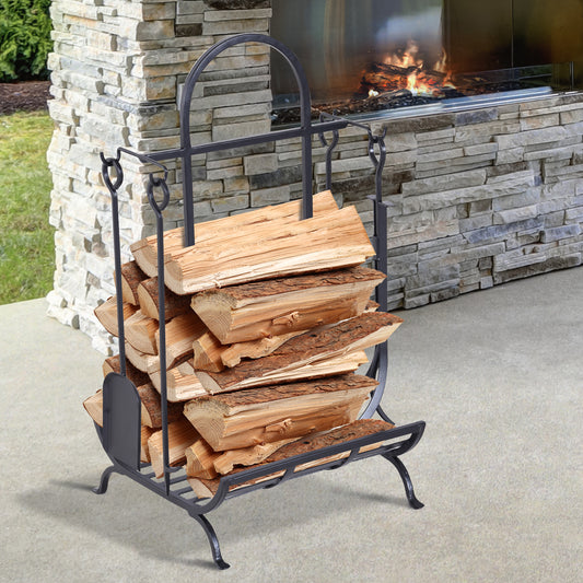 Outsunny HOMCOM Indoor Outdoor Firewood Rack w/ 4 Tools Elevated Steel Power Coated Construction Fire Wood Storage Stacking Set Black | Aosom Canada