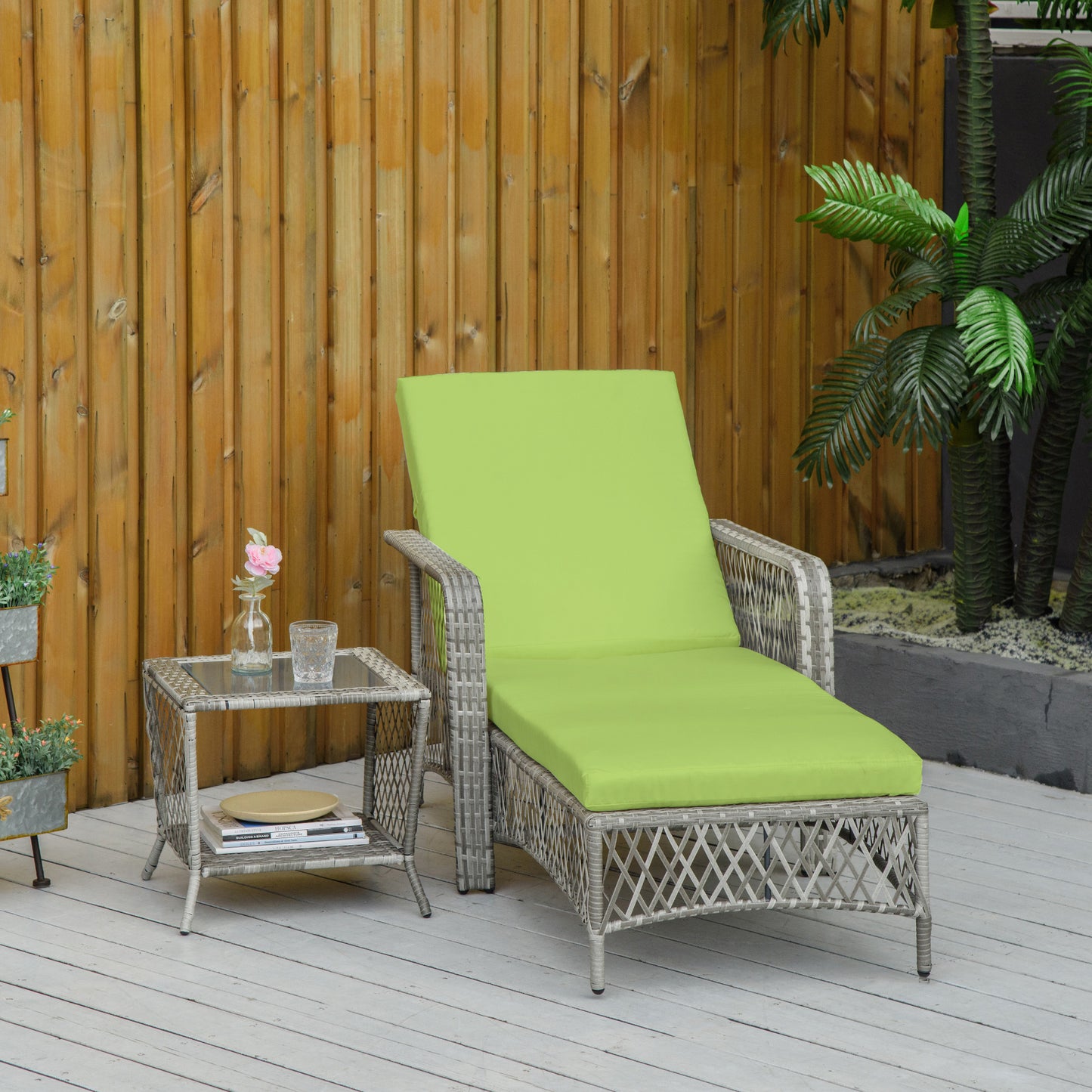 Outsunny Outdoor 2 PCS PE Rattan Sun Lounger, Patio Wicker Recliner Chair Furniture with 5-Level Adjustable Backrest, Green | Aosom Canada