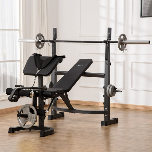 Soozier Weight Bench Stand with Squat Rack, Adjustable Olympic Bench, Multifunctional Arm Curl Pad, Workout Equipment, Grey | Aosom Canada