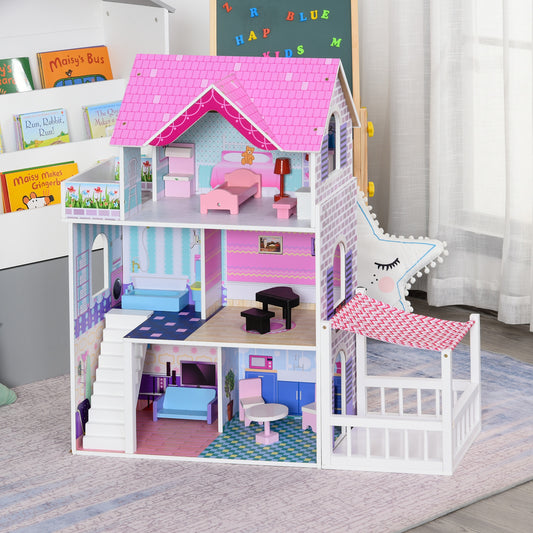Qaba Kids Wooden Dollhouse Dreamhouse Villa w/ Patio Dollhouse w/ Furniture Accessories Kit for Toddler Multi-level House Pink | Aosom Canada