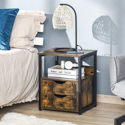 HOMCOM Industrial Side Table with 2 Drawers Accent Table Storage Shelf Versatile Night Stand End Desk, Rustic Brown | Aosom Canada