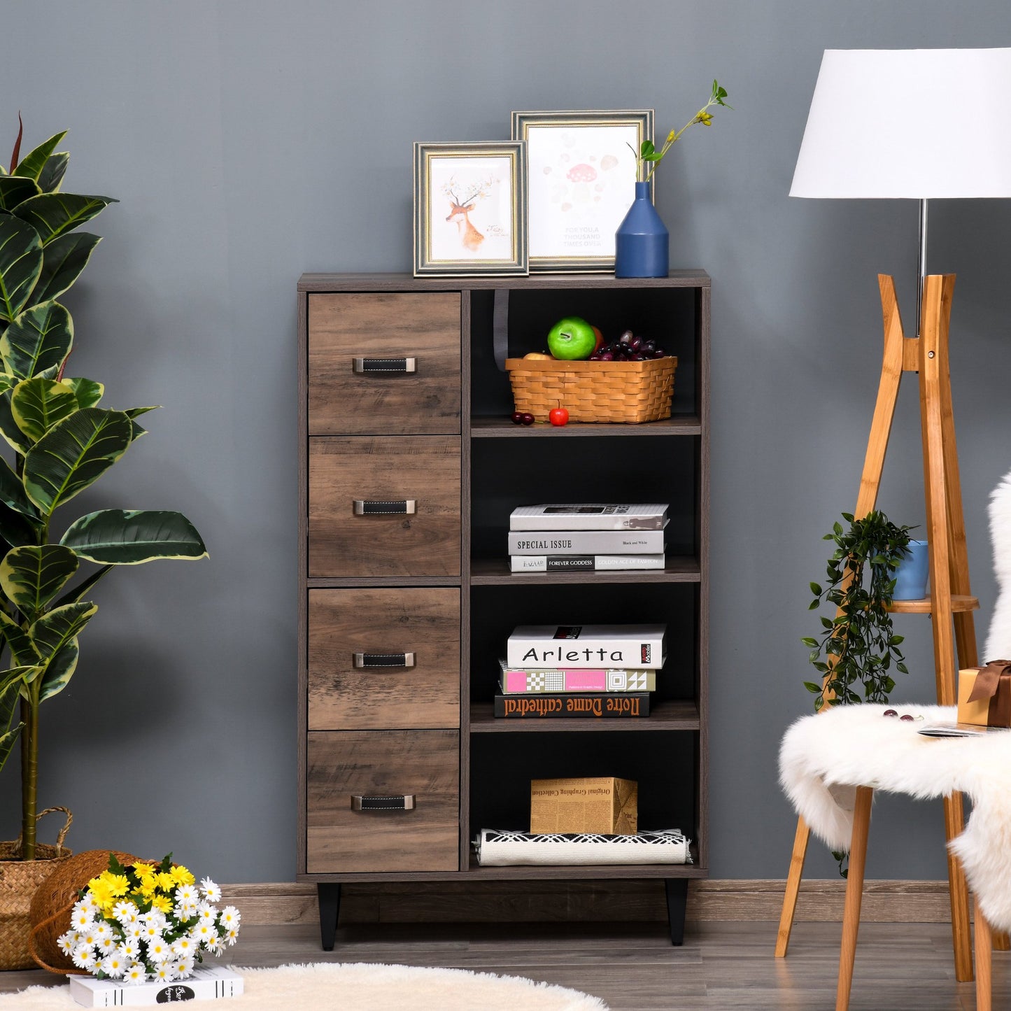 HOMCOM Retro 4-Drawer Dresser Storage Cabinet with 4-Tier Shelves for Living Room & Bedroom | Aosom Canada