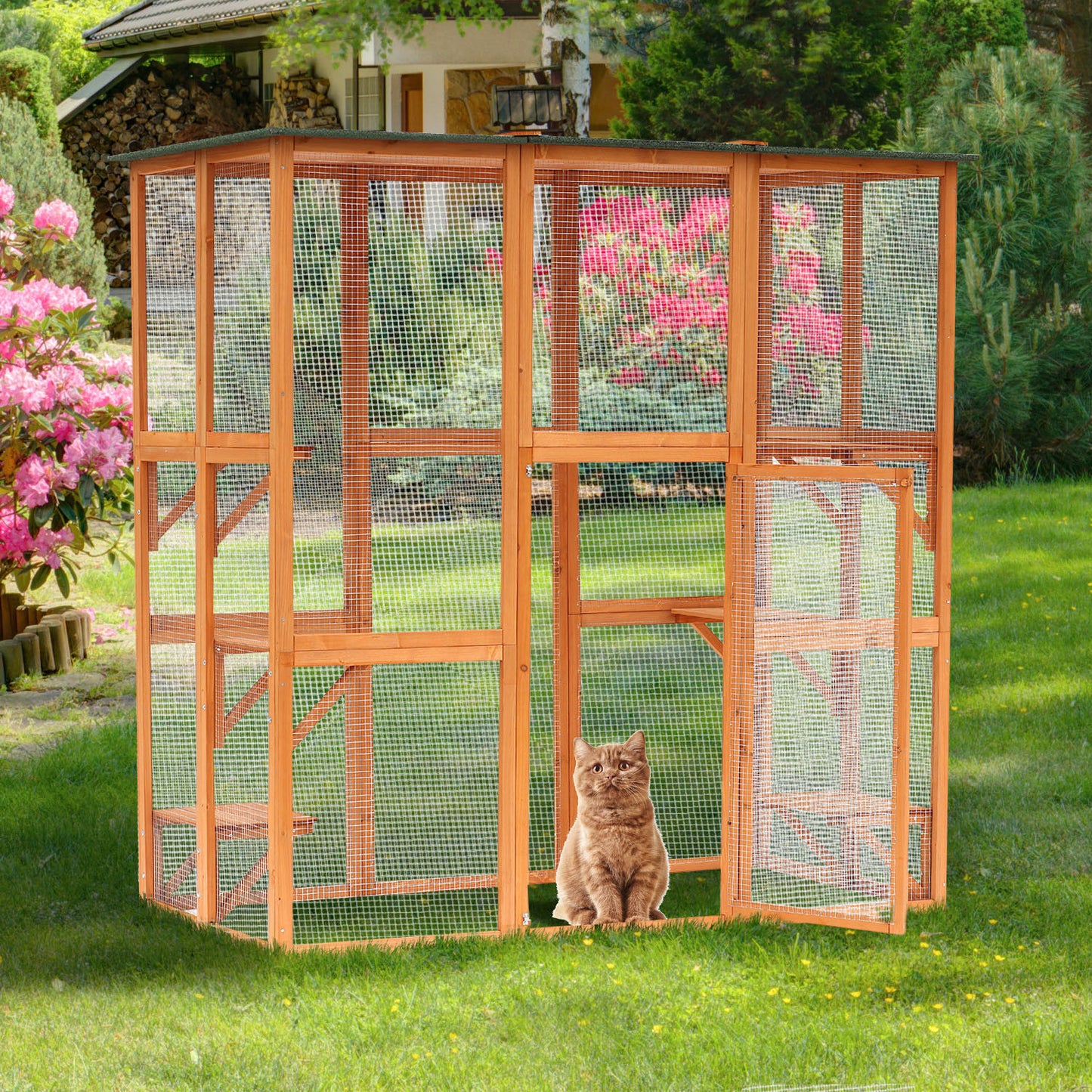 PawHut Large Outdoor Catio Enclosure, Wooden Cat Patio with 6 Balanced Platforms and Asphalt Roof,  71" x 38.5" x 71", Orange | Aosom Canada