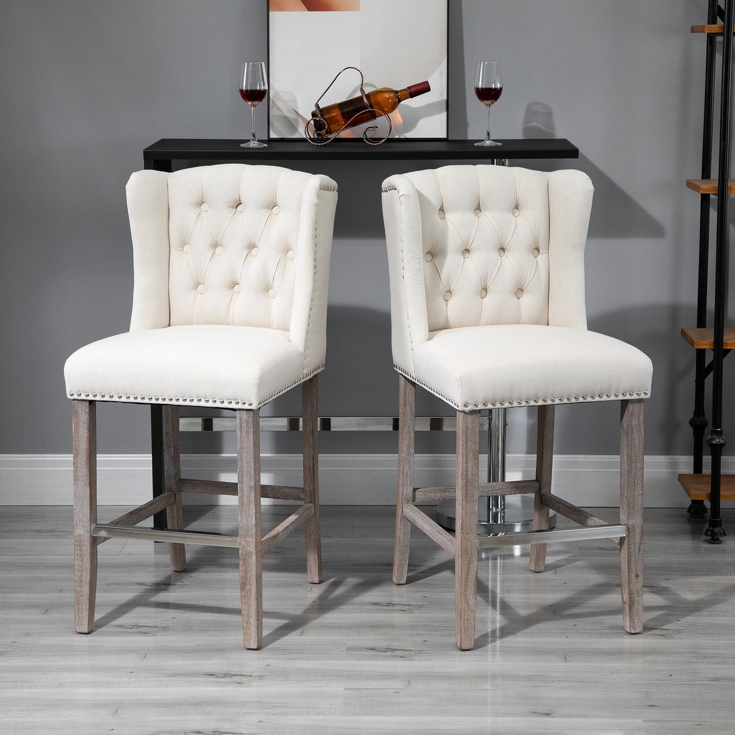 HOMCOM 2 Pieces Barstools Tall Dining Chair w/ Back Footrest Solid Wood Leg for Home Pub Beige | Aosom Canada