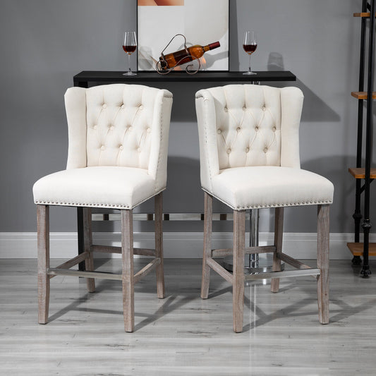 HOMCOM 2 Pieces Barstools Tall Dining Chair w/ Back Footrest Solid Wood Leg for Home Pub Beige | Aosom Canada