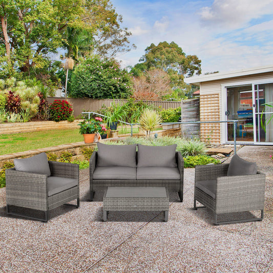 Outsunny 4 PCs PE Rattan Sofa Set Patio Furniture Set Wicker Outdoor Conversation Furniture Lawn Patio Bistro Coffee Table Set, Grey | Aosom Canada