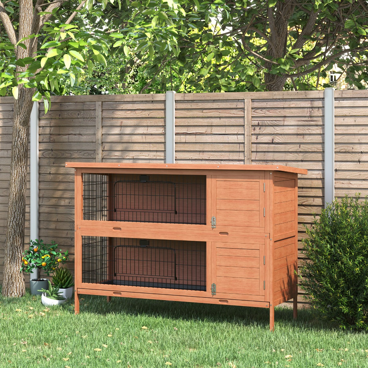 PawHut Rabbit Hutch Bunny Pet House Wooden Coop Run Habitat Poultry 2 Storey w/ Run | Aosom Canada