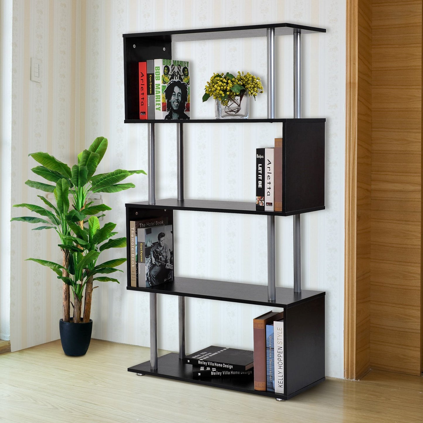 Homcom Modern Bookshelf 4-Tires Wooden S Shape Storage Bookcase Display With Steel Frame Black | Aosom Canada