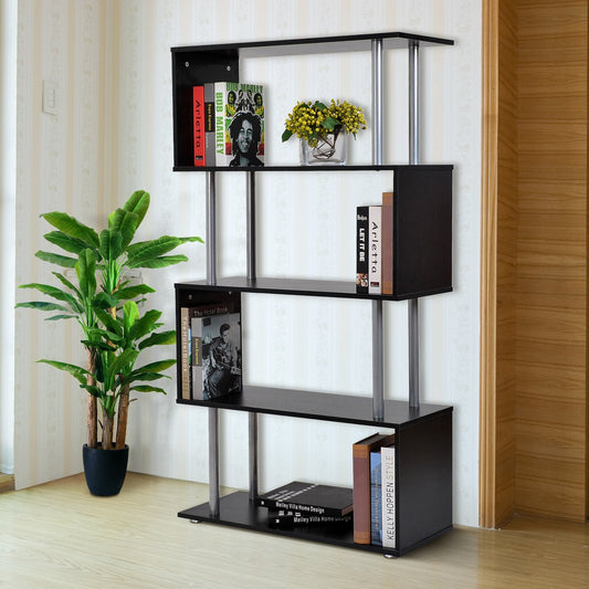 Homcom Modern Bookshelf 4-Tires Wooden S Shape Storage Bookcase Display With Steel Frame Black | Aosom Canada
