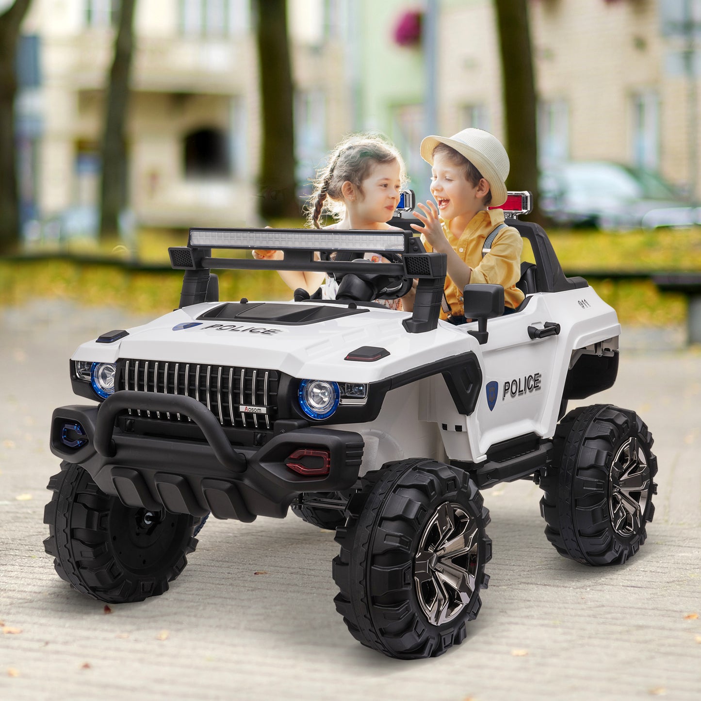 Aosom Kids Ride-On Car 12V RC 2-Seater Police Truck Electric Car For Kids with Full LED Lights, MP3, Parental Remote Control (White) | Aosom Canada