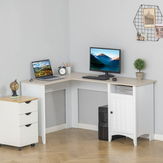 HOMCOM L-Shaped Computer Desk with Open Shelf and Storage Cabinet, Corner Writing Desk with Adjustable Shelf, Natural Wood and White | Aosom Canada