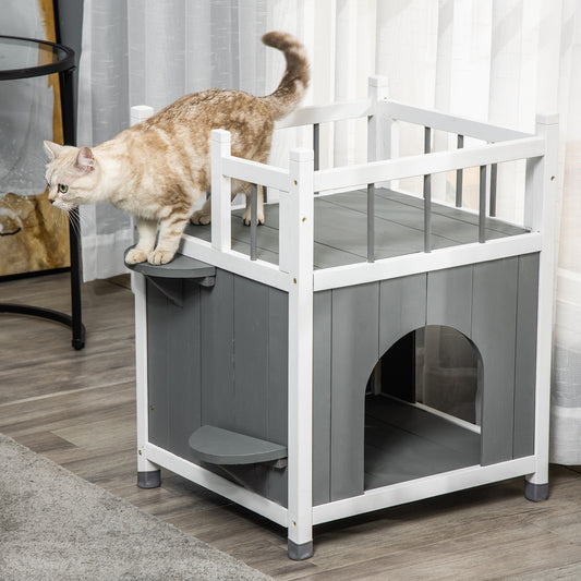 PawHut 2-Story Cat House Wooden Condo for Feral Cats Kitten Enclosure with Balcony, Jump Steps, Multiple Entrances, Grey | Aosom Canada