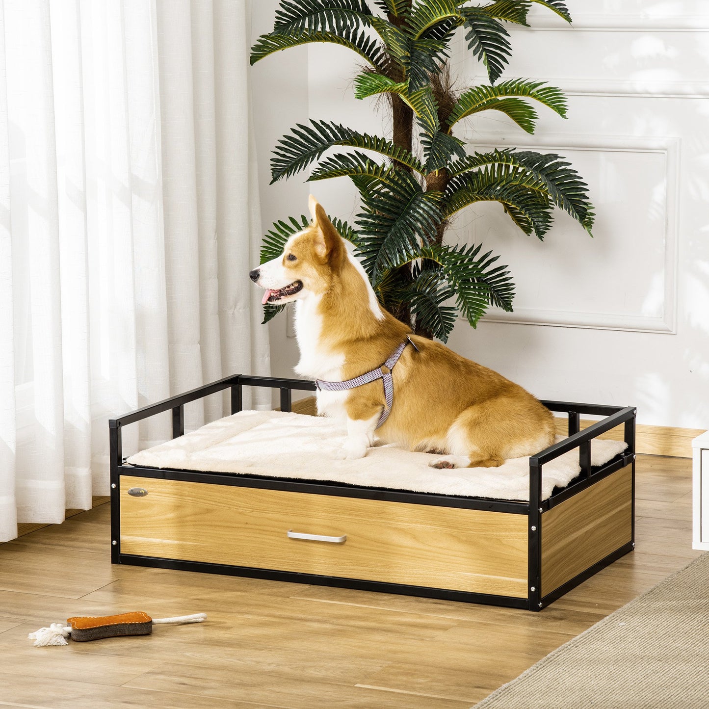 PawHut Elevated Dog Bed, Furniture Style Pet Couch, Soft Modern Puppy Sofa,Steel Frame for Medium Dogs, Oak | Aosom Canada