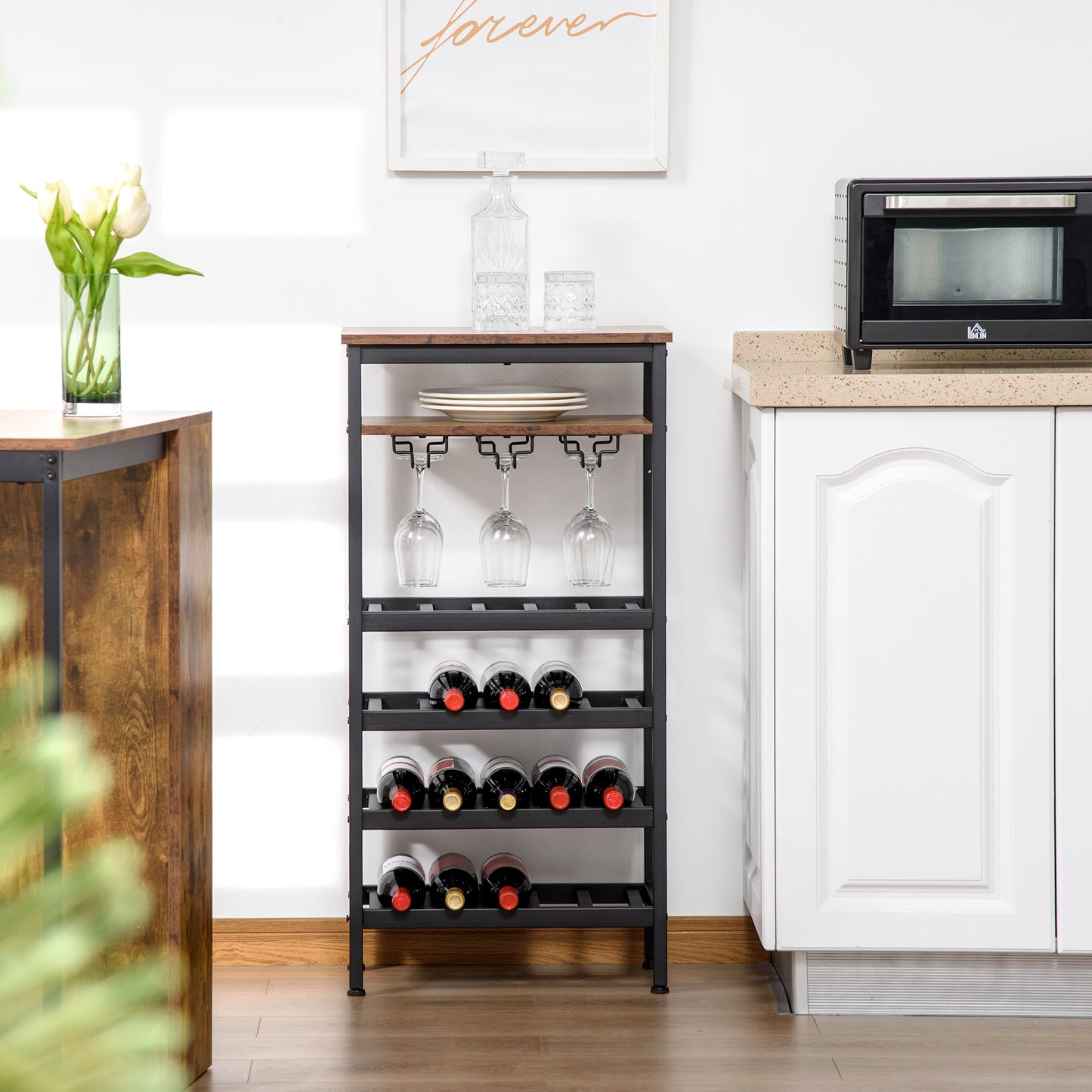 HOMCOM Freestanding Wine Rack, 20-bottle Wine Bar Cabinet, Barker's Rack with Glass Holders and Bottle Storage, Rustic Brown | Aosom Canada