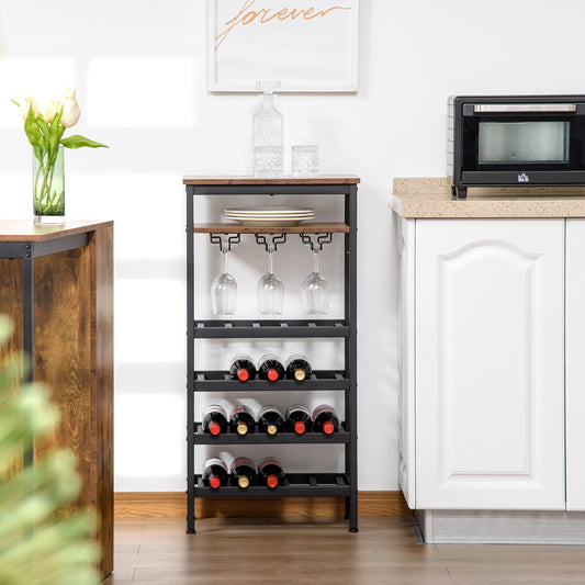 HOMCOM Freestanding Wine Rack, 20-bottle Wine Bar Cabinet, Barker's Rack with Glass Holders and Bottle Storage, Rustic Brown | Aosom Canada