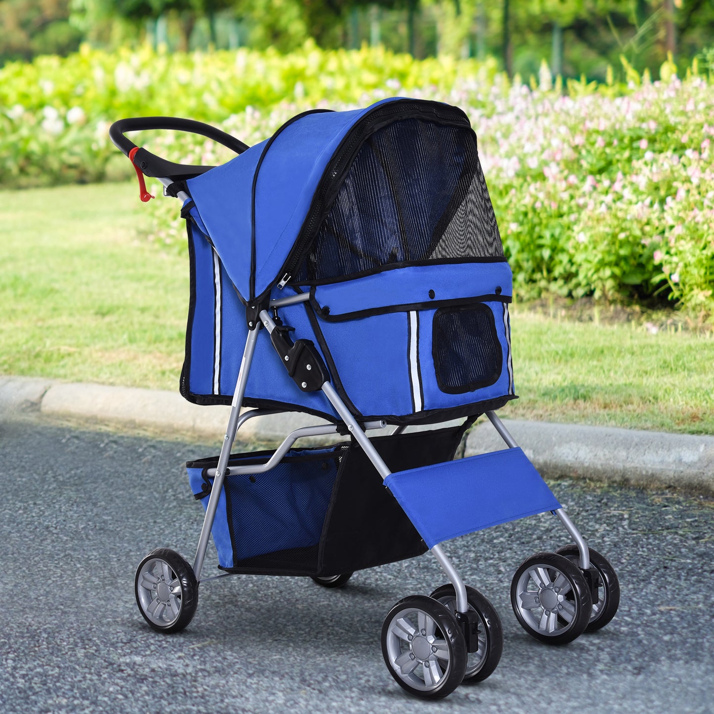 PawHut 4 Wheel Dog Pet Stroller Dog Cat Carrier Folding Sunshade Canopy with Brake, Blue | Aosom Canada