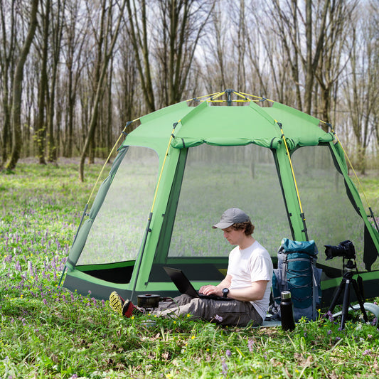 Outsunny 6 People Pop Up Design Camping Tent, 2-Tier Fabric Backpacking Tent with 4 Windows 2 Doors Portable Carry Bag, Green | Aosom Canada