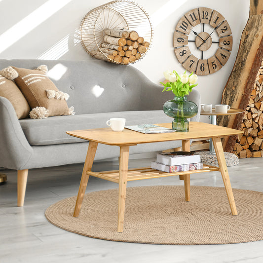 HOMCOM 2 Tier Coffee Table Bamboo Tea Table with Storage Shelf Sleek Rectangle Desk Wood Grain Living Room Home Furniture | Aosom Canada