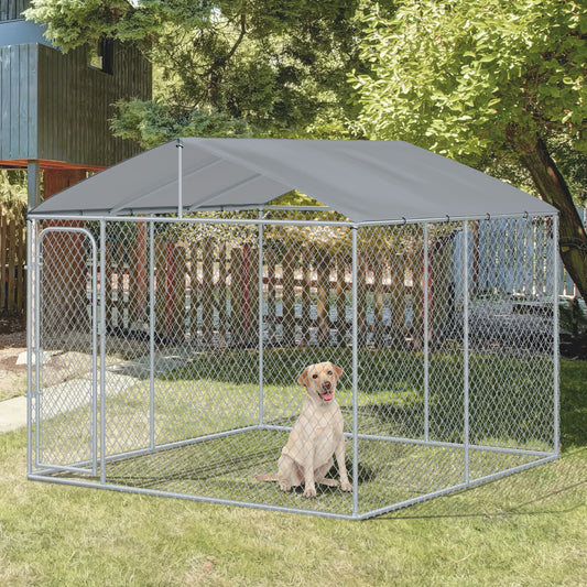 PawHut 10'Lx10'Wx6'H Large Outdoor Dog Kennel Playpen Galvanized Pet Exercise House Cage with Canopy Roof, Silver | Aosom Canada