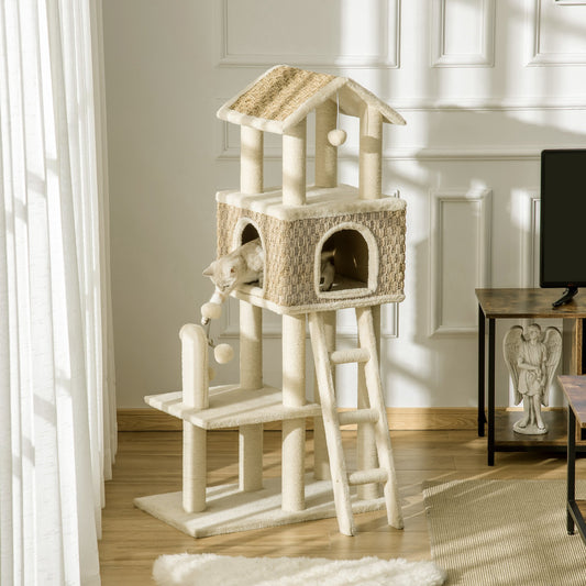 PawHut 52" Huge Cat Tree Cat Climbing Toy Rest Pet Furniture with Sisal Scratching Post Condo Perch Ladder Windmill Toy Beige | Aosom Canada