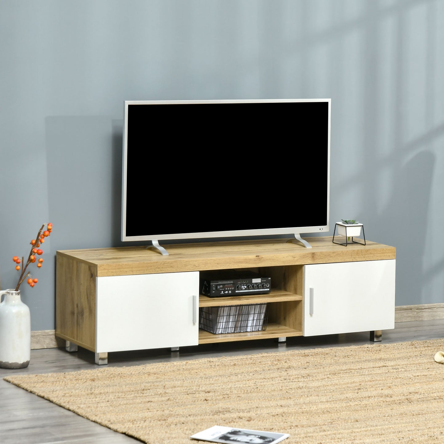 HOMCOM Modern TV Stand for TVs Up to 63 Inches, TV Cabinet with Handle Doors, 2 Storage Shelves and Cable Holes, Oak and White | Aosom Canada