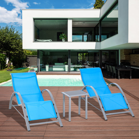 Outsunny 3 Pieces Patio Lounge Chair Set PE Rattan Wicker Beach Yard Garden Sunbathing Chair with Table, Blue | Aosom Canada