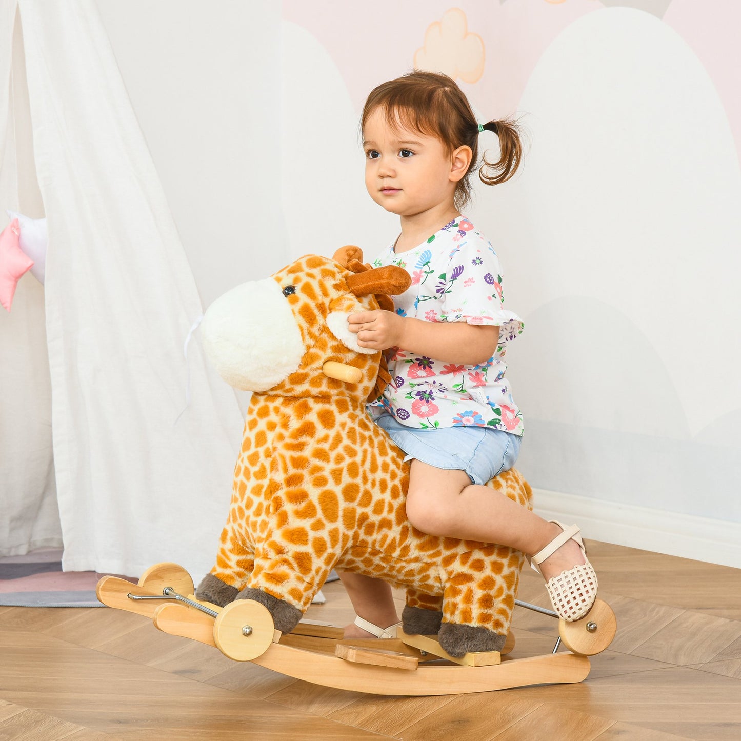 Qaba 2-IN-1 Kids Plush Ride-On Rocking Gliding Horse Giraffe-shaped Plush Toy Rocker with Realistic Sounds for 36-72 Months Yellow | Aosom Canada
