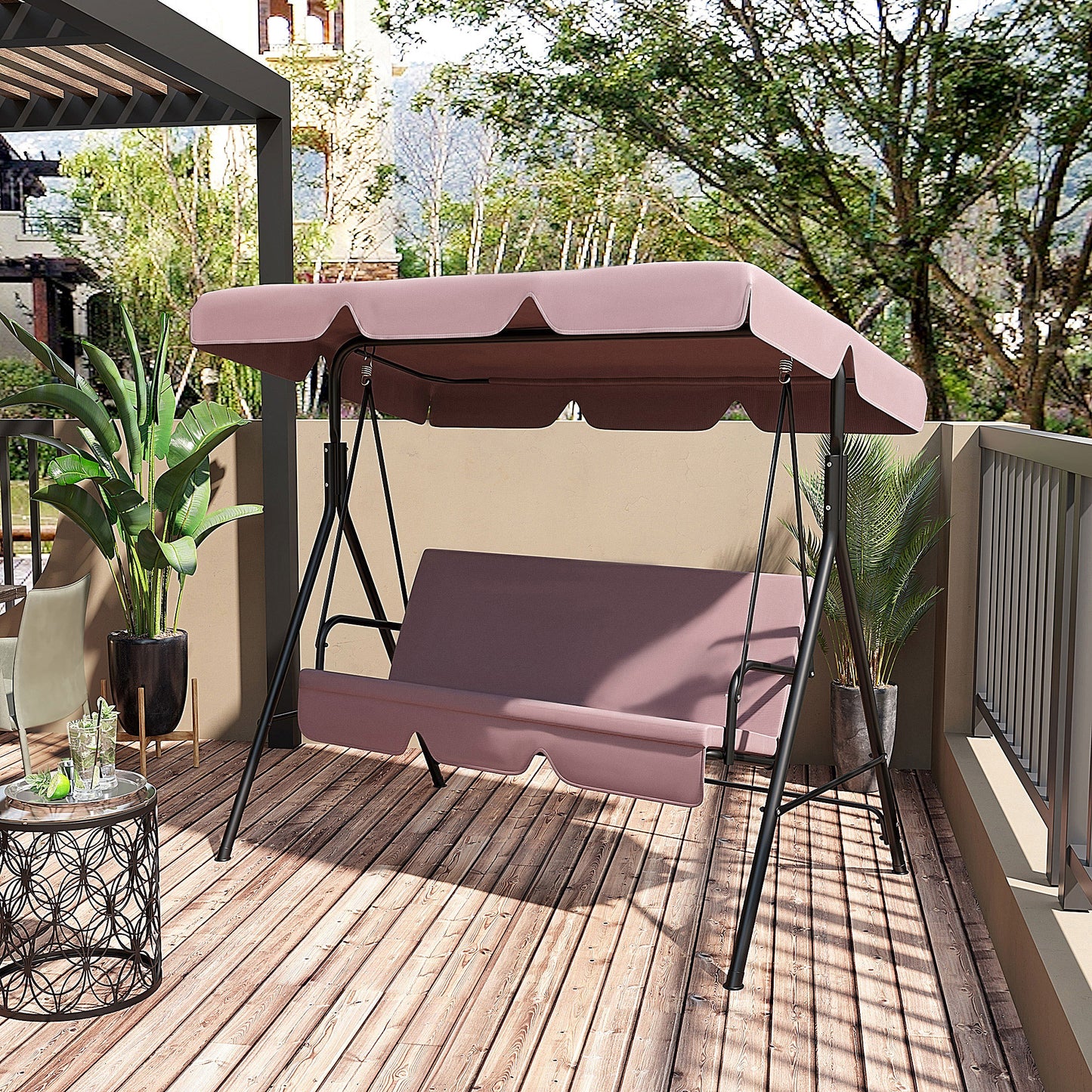Outsunny Metal 3-Seater Porch Swing with Stand Outdoor Patio Swing with Canopy Cushioned Garden Lounger, Brown  | Aosom Canada