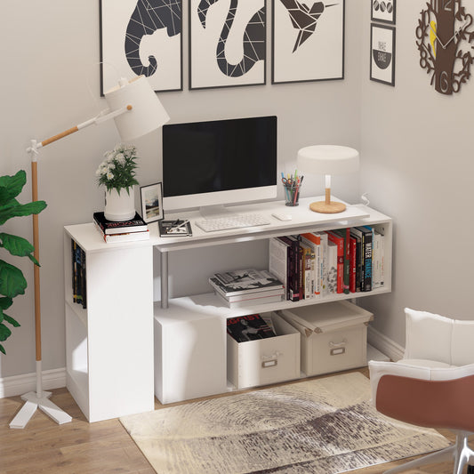 HOMCOM 55" 360° Rotating Corner Computer Desk Modern L-Shaped Home Office Workstation with 3-Tier Storage Shelves, Bookshelf, White | Aosom Canada