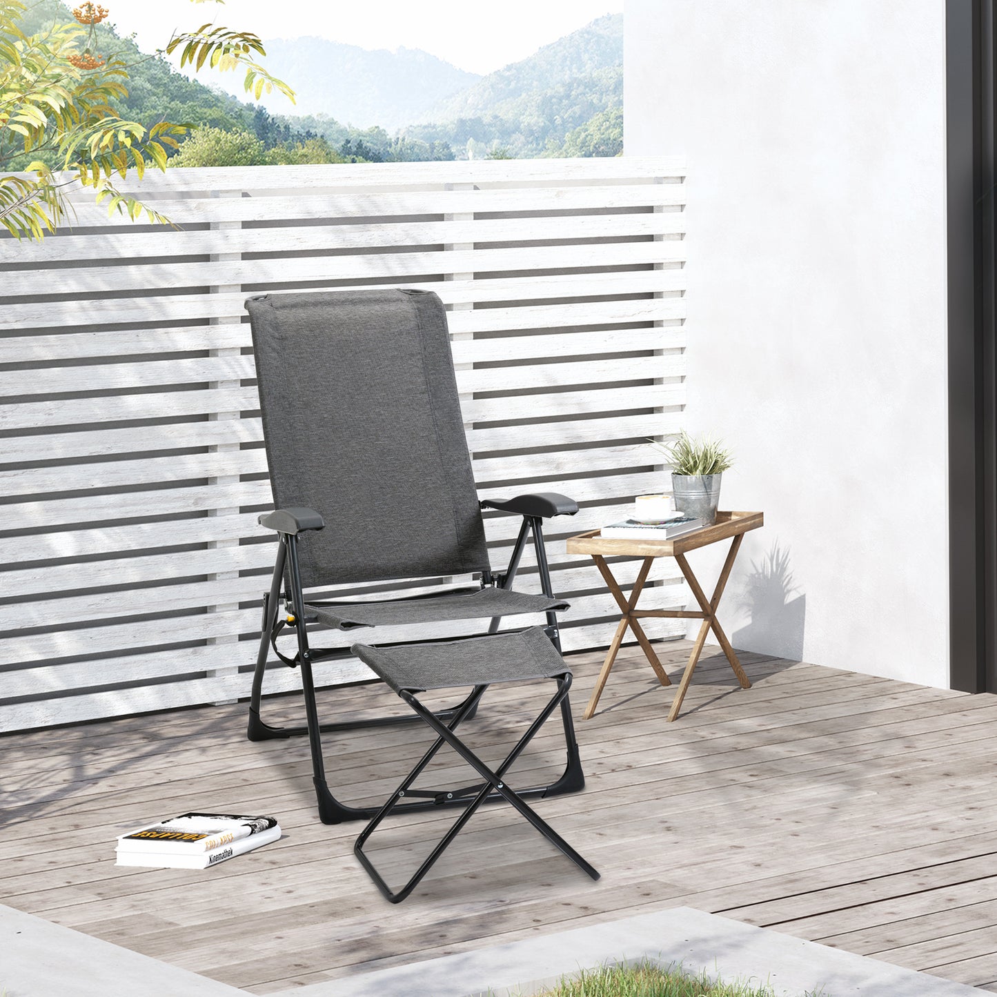 Outsunny 2pcs Outdoor Sun Lounger with Footrest, Adjustable Folding Steel Chaise Reclining Lounge Chair with Storage Pocket, Black Grey | Aosom Canada