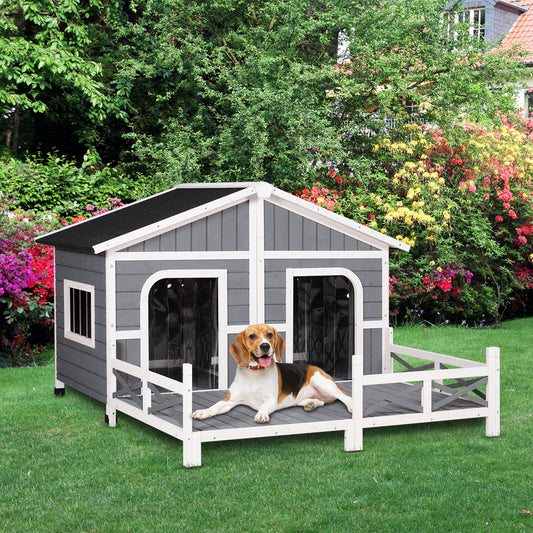 PawHut 59"x64"x39" Wood Large Dog House Cabin Style Elevated Pet Shelter w/Porch Deck Grey | Aosom Canada