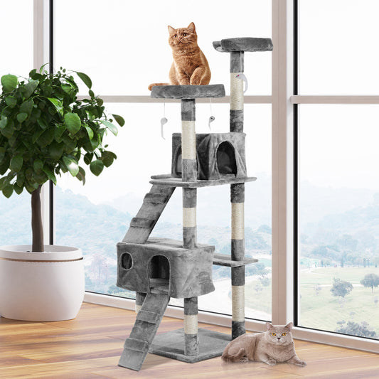 PawHut cat tower condo Multi-Level modern Cat climbing tree w/ Toy Scratcher cat post Grey | Aosom Canada