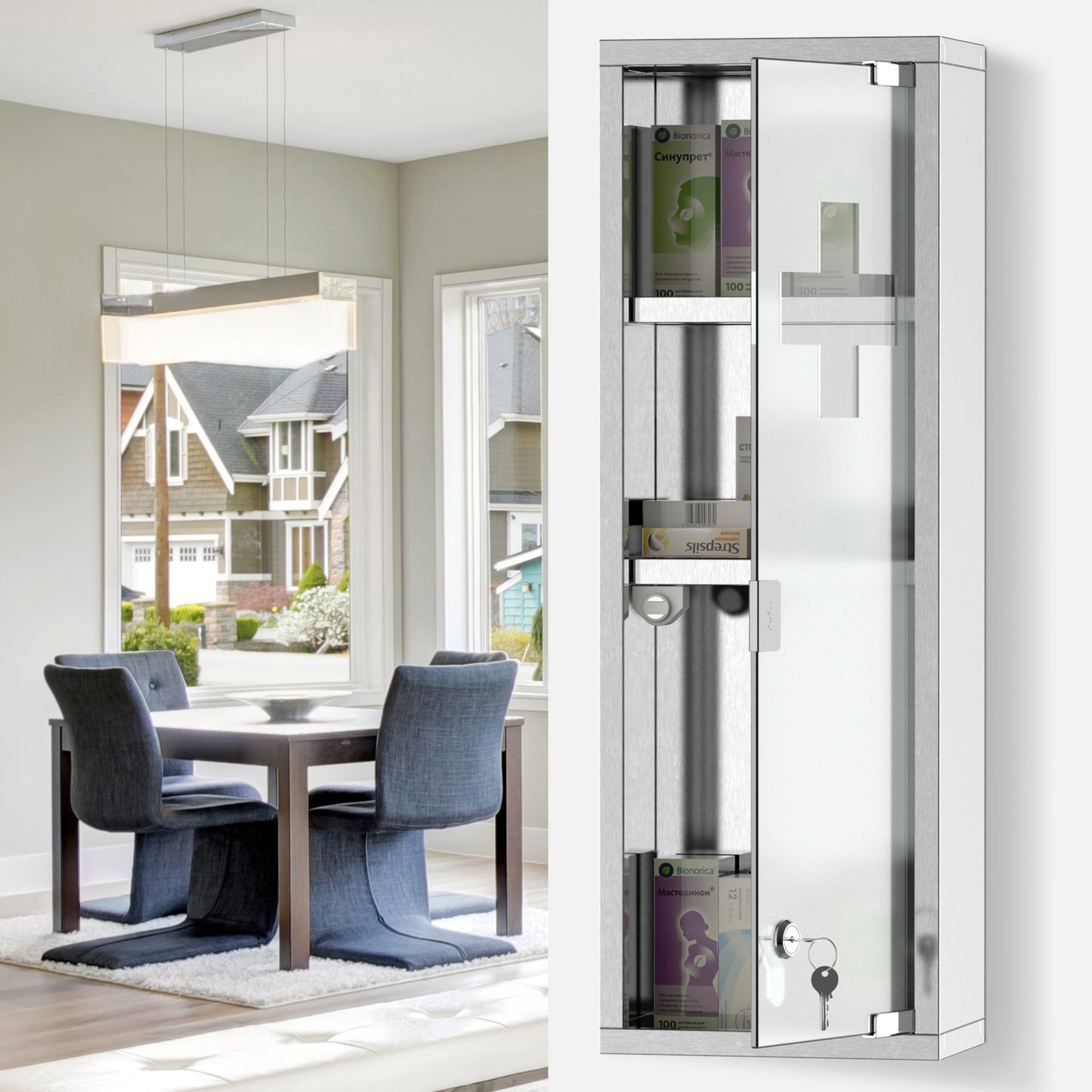 kleankin 22''x8'' Stainless Steel Medicine Cabinet 3 Tier Frosted Door Lockable w/ 2 Keys First Aid Unit Home Safety Box Wall Mountable | Aosom Canada