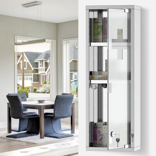 kleankin 22''x8'' Stainless Steel Medicine Cabinet 3 Tier Frosted Door Lockable w/ 2 Keys First Aid Unit Home Safety Box Wall Mountable | Aosom Canada